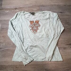 Gordon James Top Womens Large Mint Green Embroidered Studded Long Sleeve Boho